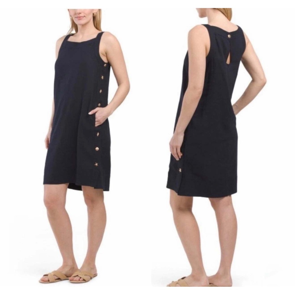 For Cynthia Linen Blend Shift Dress Womens Medium Black Excellent Side Buttons